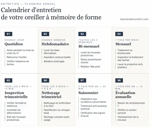 Calendrier d'entretien annuel d'un oreiller à mémoire de forme en 8 étapes : du geste quotidien à l'évaluation annuelle, incluant les actions hebdomadaires, mensuelles, trimestrielles et saisonnières.