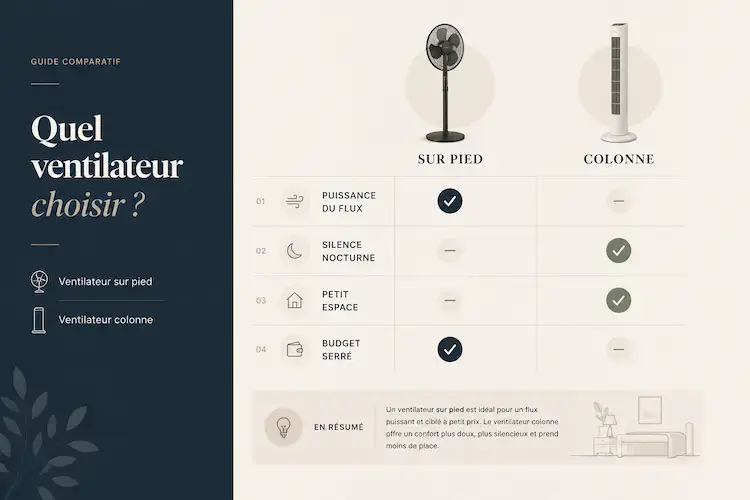Résumé visuel des critères pour choisir entre ventilateur colonne et ventilateur sur pied : puissance, silence, encombrement et budget.