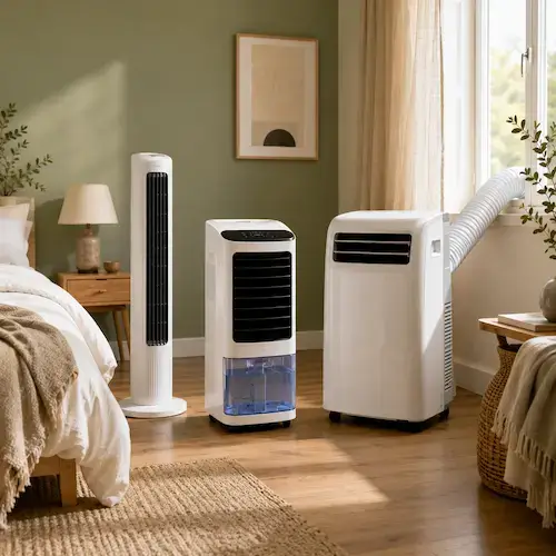 Ventilateur colonne, rafraîchisseur d’air avec réservoir et climatiseur mobile avec tuyau d’évacuation dans une chambre lumineuse.