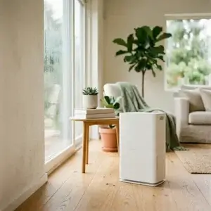 Consommation d'un déshumidificateur : combien ça coûte vraiment ? Déshumidificateur blanc en fonctionnement dans un salon lumineux, branché près d'une fenêtre embuée — illustration pour comprendre la consommation d'un déshumidificateur au quotidien