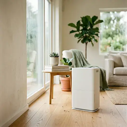 Déshumidificateur blanc en fonctionnement dans un salon lumineux, branché près d'une fenêtre embuée — illustration pour comprendre la consommation d'un déshumidificateur au quotidien