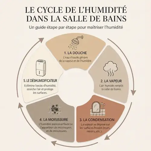 Schéma circulaire illustrant le cycle de l'humidité en salle de bain en 5 étapes : douche, vapeur, condensation, moisissures, déshumidificateur
