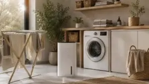 Déshumidificateur pour buanderie : sécher le linge plus vite sans humidifier la maison Déshumidificateur placé dans une buanderie lumineuse avec linge étendu, machine à laver et paniers de rangement.