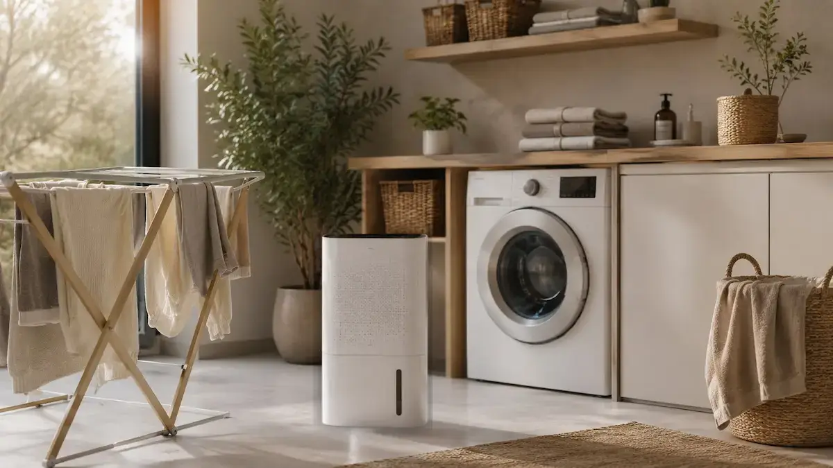 Déshumidificateur placé dans une buanderie lumineuse avec linge étendu, machine à laver et paniers de rangement.