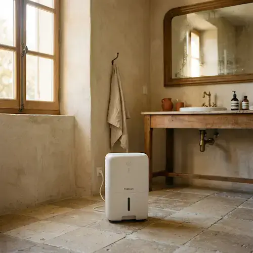 Déshumidificateur électrique compact posé dans une salle de bain humide avec miroir embué.