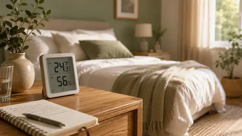 Hygromètre affichant température et humidité dans une chambre avant achat d’un appareil de rafraîchissement