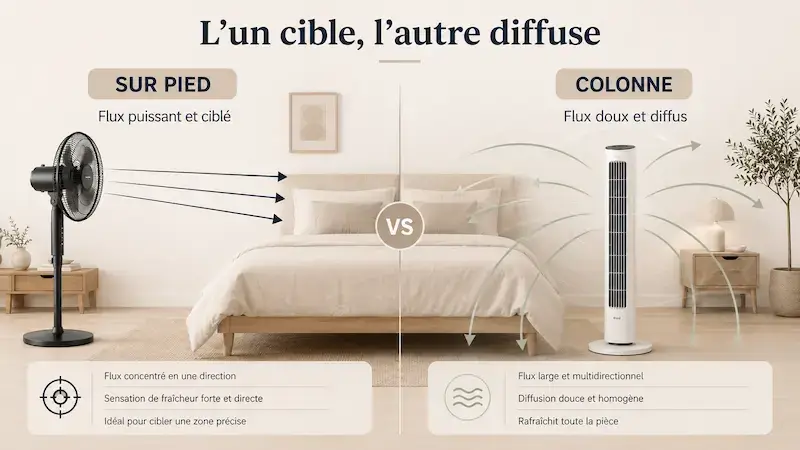 Schéma comparant le flux d’air ciblé d’un ventilateur sur pied et le flux diffus d’un ventilateur colonne.