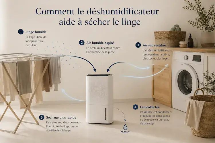 Schéma d’une buanderie avec un étendoir, un déshumidificateur et des flèches autour de l’appareil.