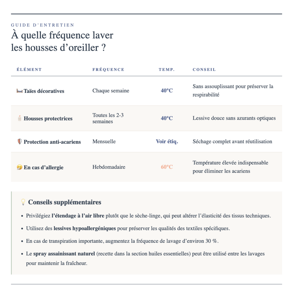 Tableau des fréquences de lavage recommandées pour les housses et taies d'oreiller à mémoire de forme : taies décoratives, housses protectrices, protection anti-acariens et cas d'allergie.