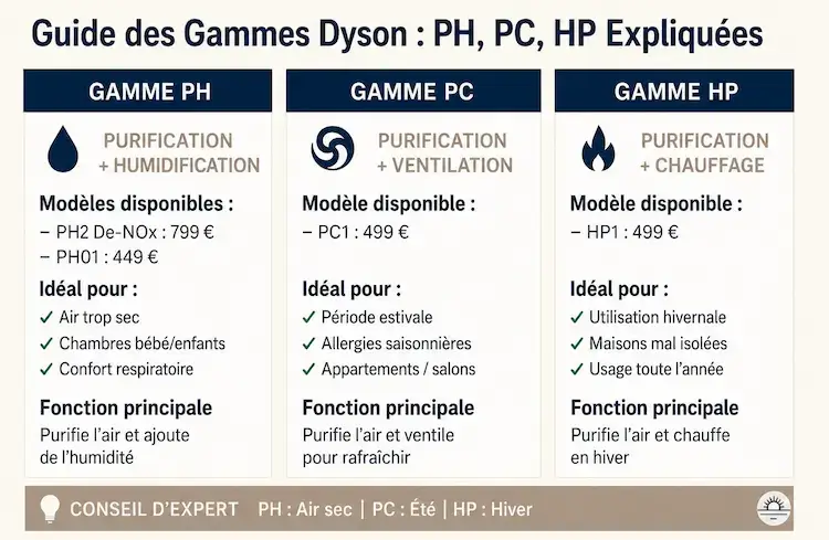 Infographie comparant les gammes Dyson PH, PC et HP selon leurs fonctions principales : purification, humidification, ventilation et chauffage.