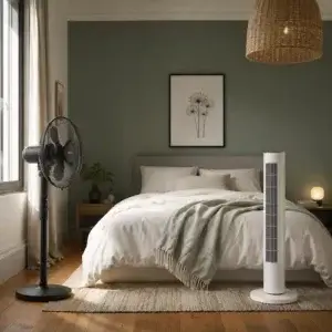 Ventilateur colonne ou sur pied : lequel choisir ? Chambre cosy et élégante avec un ventilateur sur pied près de la fenêtre et un ventilateur colonne à côté du lit.