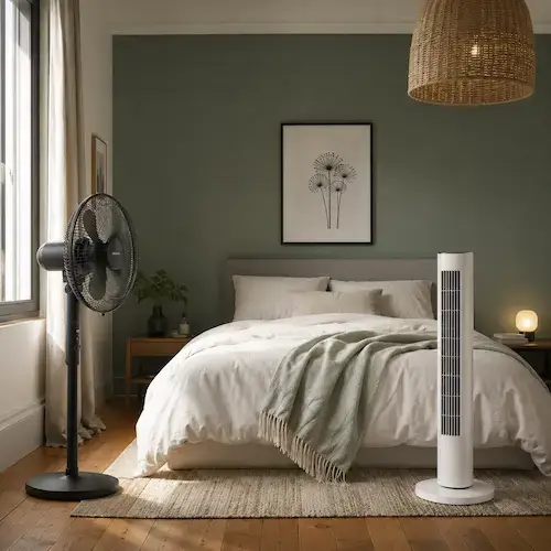 Chambre cosy et élégante avec un ventilateur sur pied près de la fenêtre et un ventilateur colonne à côté du lit.