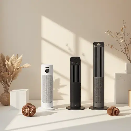 Trois ventilateurs colonne modernes présentés dans un décor lumineux et chaleureux, pour illustrer un comparatif des meilleurs ventilateurs colonne pour chambre et salon.