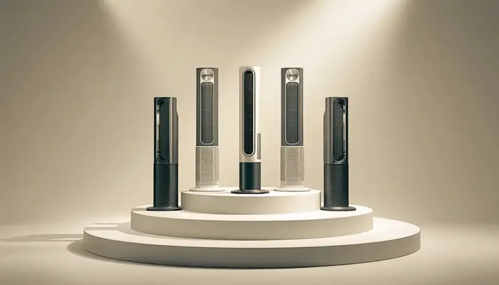 Comparatif visuel de plusieurs ventilateurs colonne modernes présentés en shooting produit, pour illustrer un guide d’achat des meilleurs ventilateurs colonne pour chambre et salon.