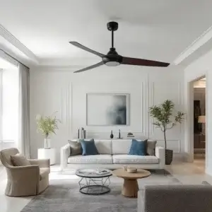 Meilleur ventilateur plafond : comparatif 2026 Ventilateur de plafond moderne dans un salon élégant avec décoration épurée