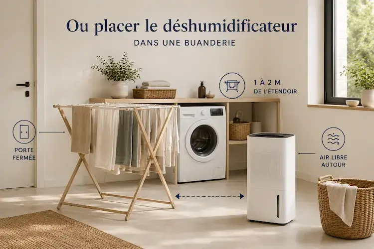 Illustration montrant le bon placement d’un déshumidificateur dans une buanderie, près d’un étendoir et avec assez d’espace pour la circulation de l’air.