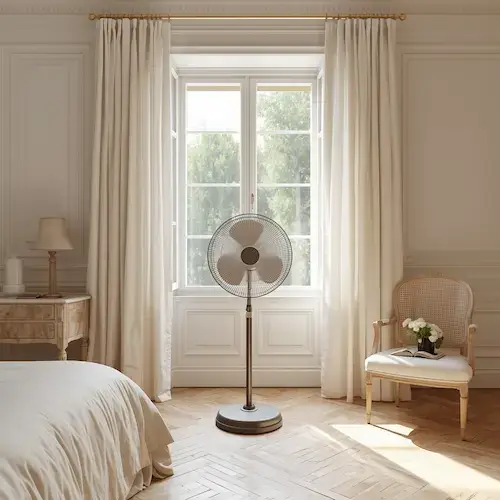 Ventilateur sur pied placé devant une fenêtre ouverte dans une chambre lumineuse pour améliorer la fraîcheur ressentie en été.