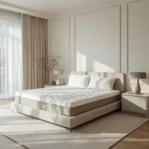 Surmatelas Emma Premium avis : que vaut l'Emma Original Pro contre la chaleur nocturne ? Chambre élégante avec lit haut de gamme et surmatelas blanc