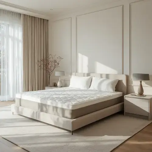Chambre élégante avec lit haut de gamme et surmatelas blanc