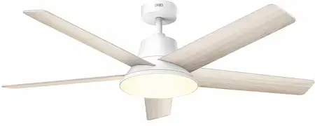 Ventilateur de plafond Dreo blanc avec 4 pales effet bois clair et éclairage LED intégré, fond blanc