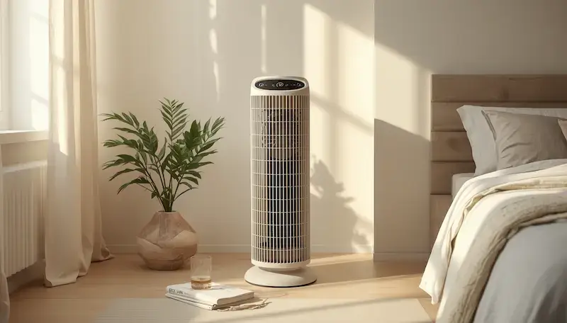 Ventilateur colonne placé dans une chambre lumineuse, près d’un lit et d’une fenêtre, pour illustrer un usage discret en période de chaleur.