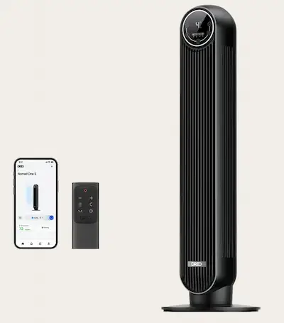 Ventilateur colonne Dreo Nomad One WiFi noir avec télécommande et application mobile.