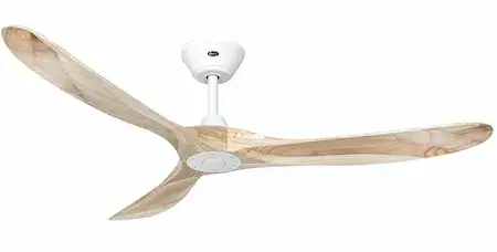 Ventilateur de plafond CasaFan Eco Genuino avec 3 grandes pales en bois massif veiné, boîtier blanc, fond blanc