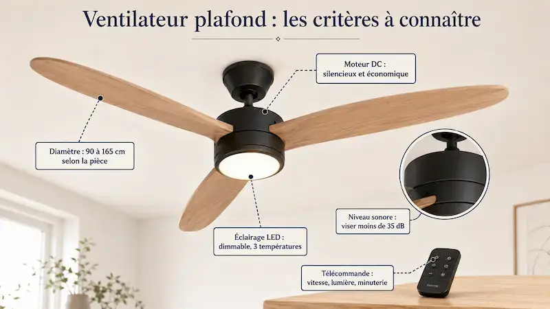 Infographie montrant un ventilateur de plafond avec pales en bois, moteur noir, éclairage LED et télécommande, avec annotations sur les critères de choix.