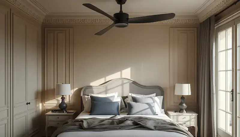 Ventilateur de plafond installé dans une chambre pour améliorer le confort pendant la nuit