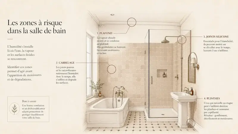 Schéma annoté d'une salle de bain montrant les quatre zones à risque d'humidité : plafond, carrelage, joints silicone et plinthes