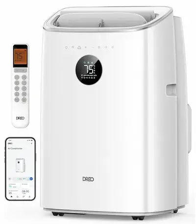 Climatiseur mobile DREO AC318S 7500 BTU blanc avec télécommande et application.