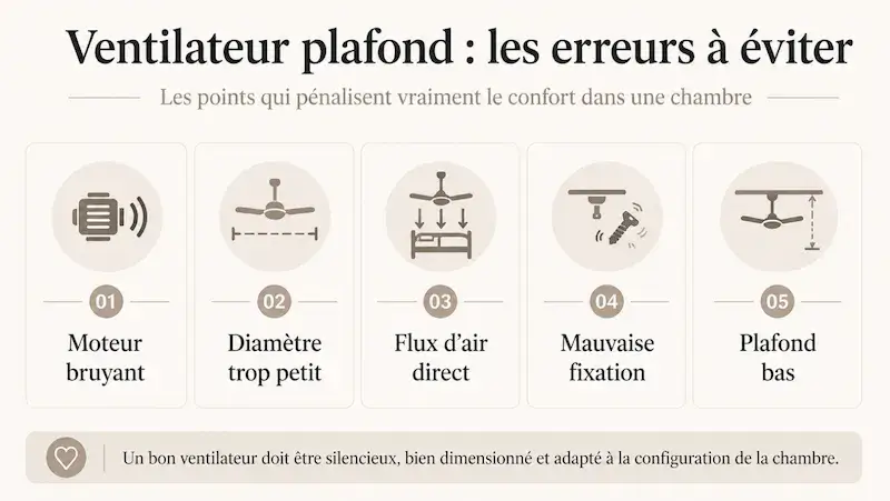 Infographie présentant les erreurs à éviter avant de choisir un ventilateur de plafond pour une chambre : moteur bruyant, diamètre trop petit, flux d’air direct, mauvaise fixation et plafond bas.