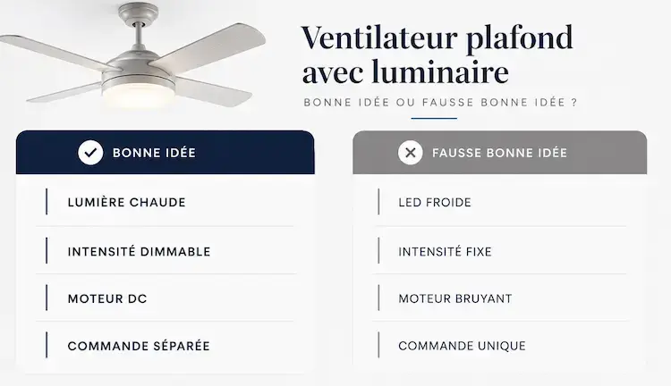 Infographie comparant les critères d’un ventilateur plafond avec luminaire adapté à une chambre et les erreurs à éviter