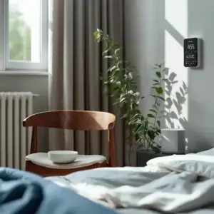 Humidification chambre : les solutions efficaces. Guide complet Chambre adulte élégante et calme, ambiance premium sobre réaliste, air frais sans aucune fumée ni brume visible. Indices discrets d'humidification naturelle bien visibles ,serviette humide pliée sur chaise en bois noyer, petit bol d'eau