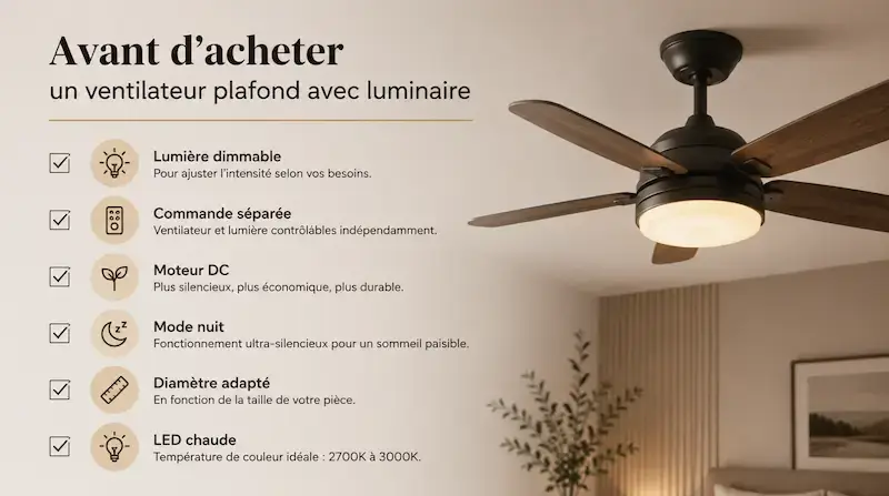 Checklist des critères à vérifier avant d’acheter un ventilateur plafond avec luminaire pour une chambre