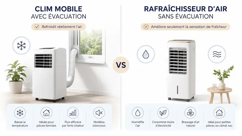 Comparatif entre une clim mobile avec tuyau d’évacuation qui refroidit réellement l’air et un rafraîchisseur d’air sans évacuation qui améliore seulement la sensation de fraîcheur.