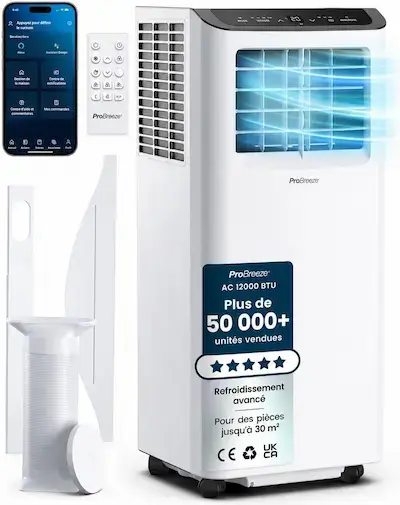 Climatiseur mobile Pro Breeze 12000 BTU avec télécommande, application et kit fenêtre.