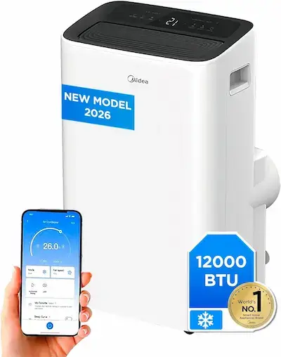 Climatiseur mobile Midea 12000 BTU blanc avec contrôle par application.