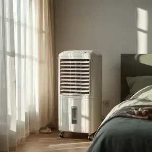 Fonctionnement rafraichisseur d'air : principe, efficacité et limites Fonctionnement rafraîchisseur d'air évaporatif, appareil sur roulettes dans une chambre lumineuse