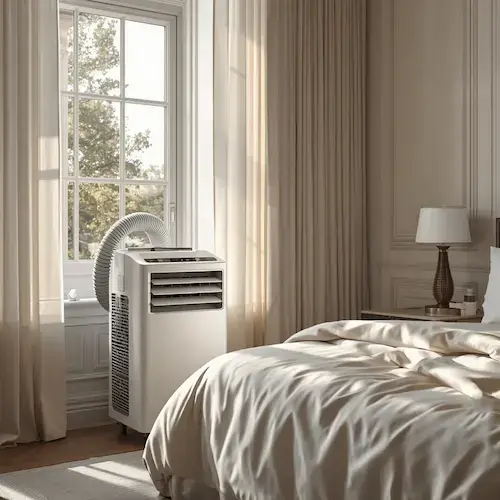 Clim mobile silencieuse installée près d’une fenêtre dans une chambre élégante pendant les fortes chaleurs d’été.