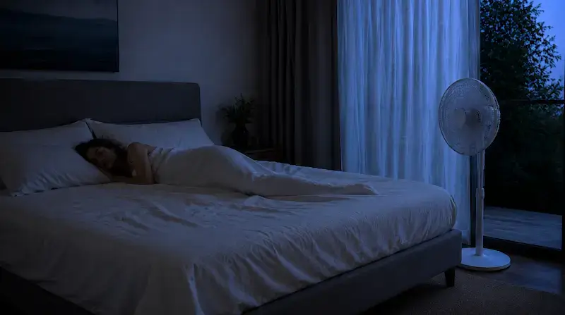 Ventilateur Rowenta Turbo Silence sur pied utilisé en mode nuit dans une chambre pour améliorer le confort pendant les fortes chaleurs