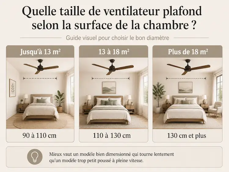 Guide visuel pour choisir le diamètre d’un ventilateur plafond selon la surface de la chambre