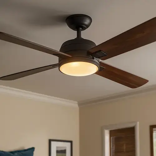 Ventilateur plafond avec luminaire intégré allumé dans une chambre avec éclairage doux