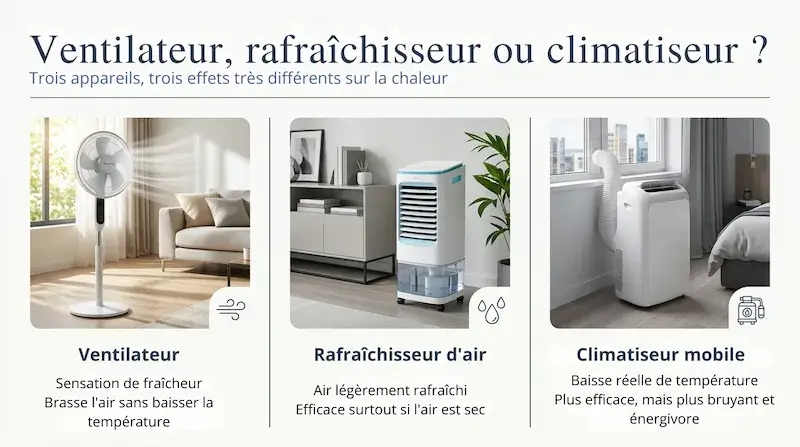 Comparatif visuel entre ventilateur, rafraîchisseur d’air et climatiseur mobile pour comprendre leurs effets sur la chaleur en été