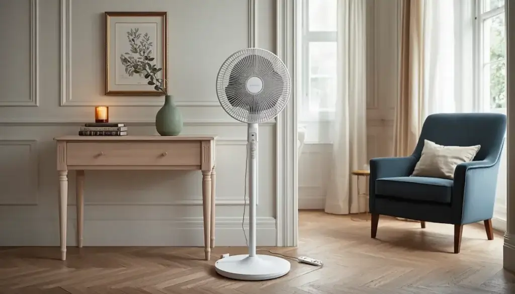 Ventilateur Rowenta Turbo Silence sur pied dans une chambre lumineuse pour améliorer le confort pendant les fortes chaleurs