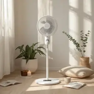 Ventilateur Rowenta Turbo Silence : avis pour chambre, sommeil et forte chaleur Ventilateur Rowenta Turbo Silence sur pied dans une chambre lumineuse pour mieux supporter la chaleur en été