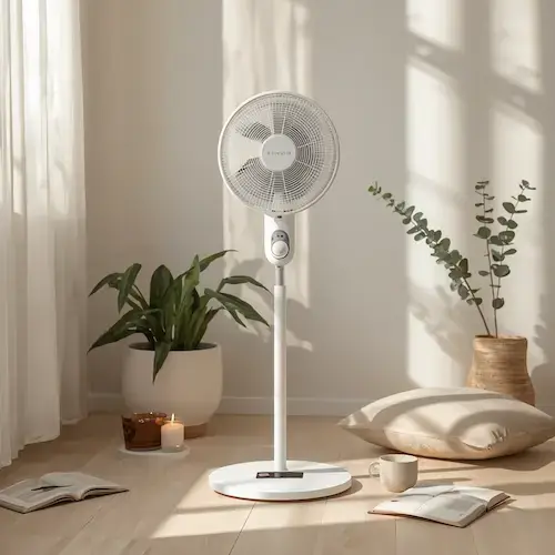 Ventilateur Rowenta Turbo Silence sur pied dans une chambre lumineuse pour mieux supporter la chaleur en été