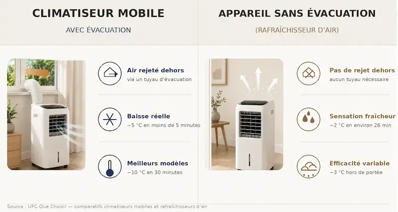 Comparaison entre un climatiseur mobile avec évacuation et un appareil sans évacuation de type rafraîchisseur d’air