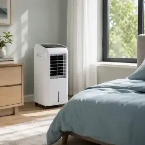 Climatiseur mobile sans évacuation : vraie clim ou simple rafraîchisseur d’air ? Appareil mobile sans tuyau d’évacuation dans une chambre lumineuse en été