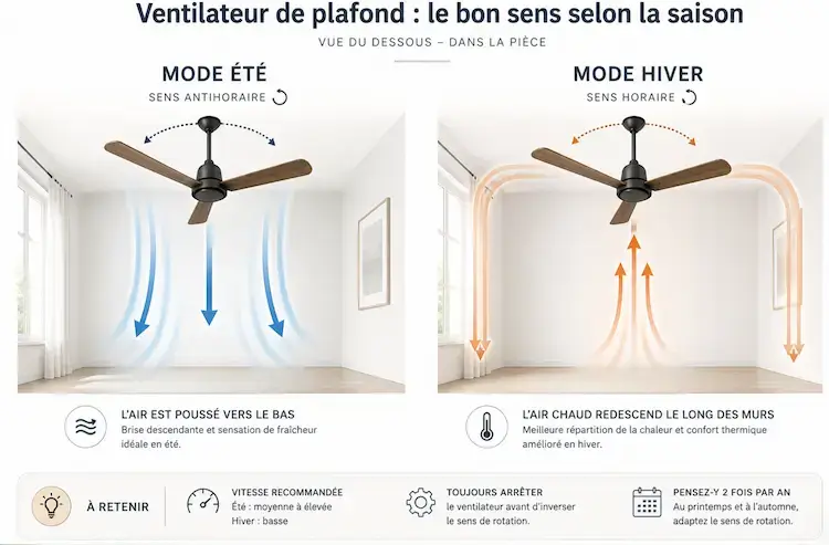Schéma comparatif du sens de rotation d’un ventilateur de plafond en été (antihoraire) et en hiver (horaire), avec la circulation de l’air dans la pièce.
